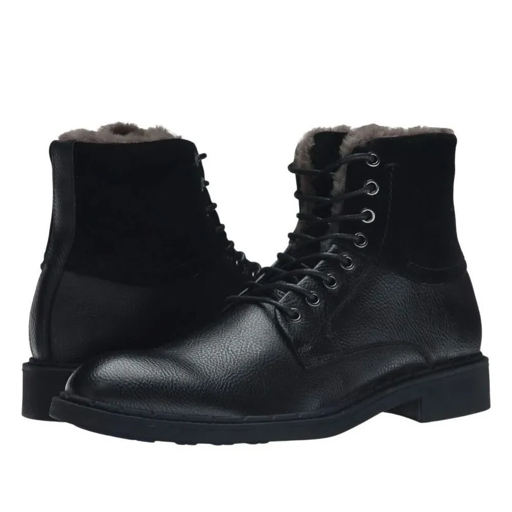 Robert Wayne  Men’s Black Leather Faux Fur Lined Lace Up Ankle Boots